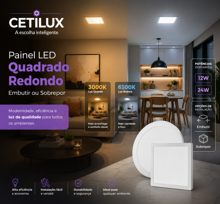 Linha luminária Painel EMBUTIR OU SOBREPOR